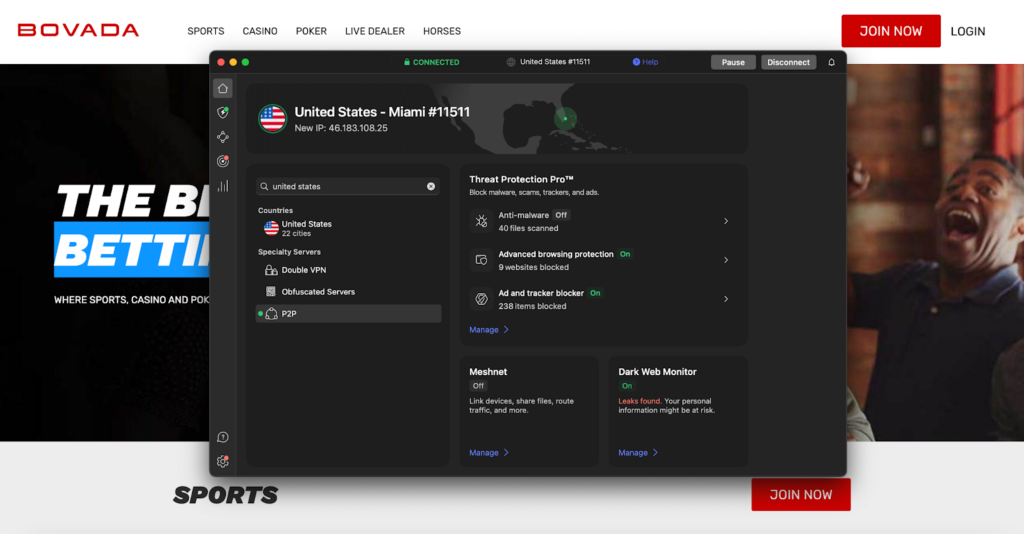 Unblocking Bovada with a VPN server in Miami
