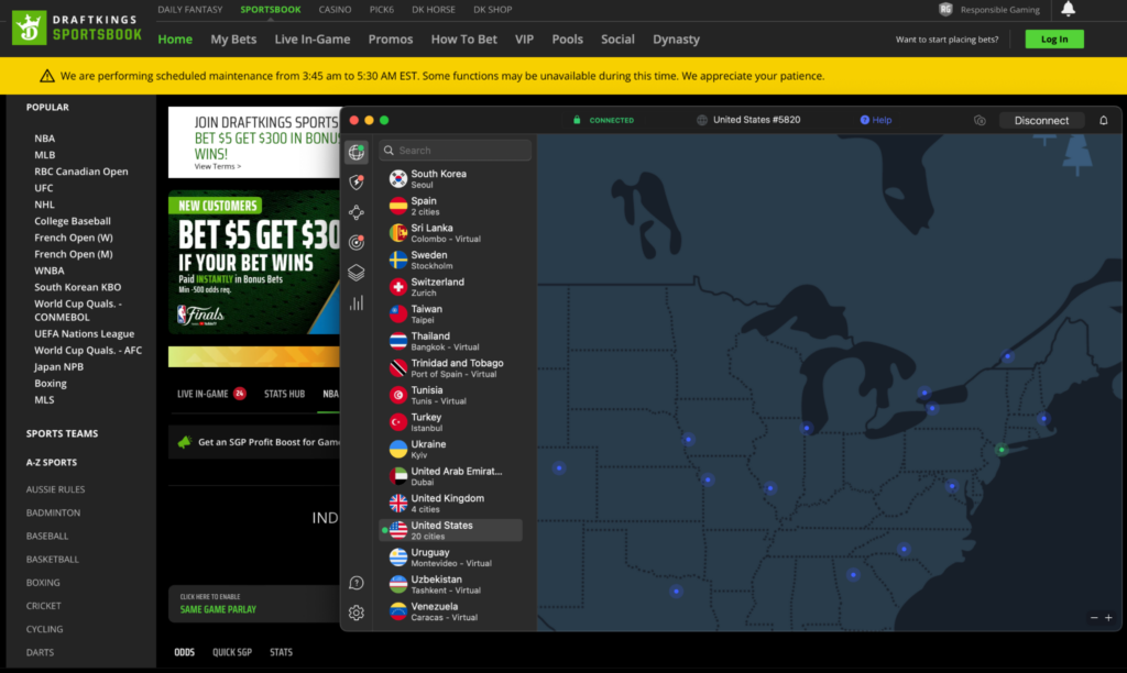 Connecting to a VPN server in the US with NordVPN to unblock DraftKings Sportsbook
