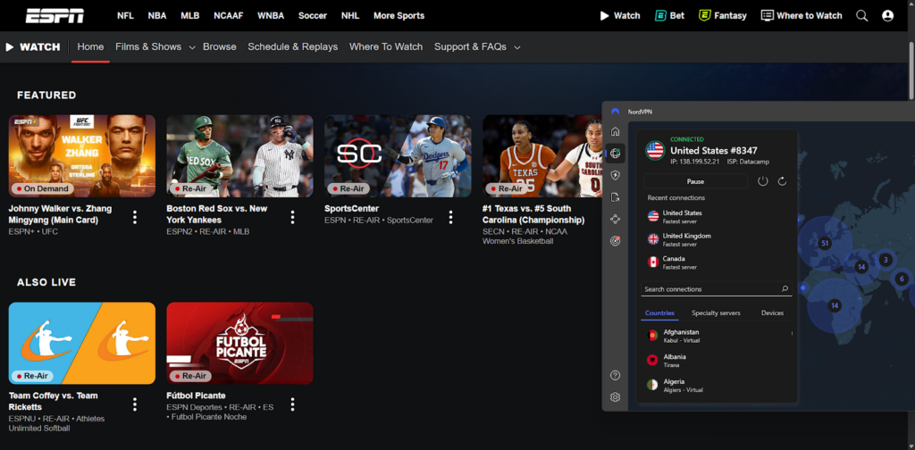 ESPN+ unblocked using NordVPN and a US VPN server