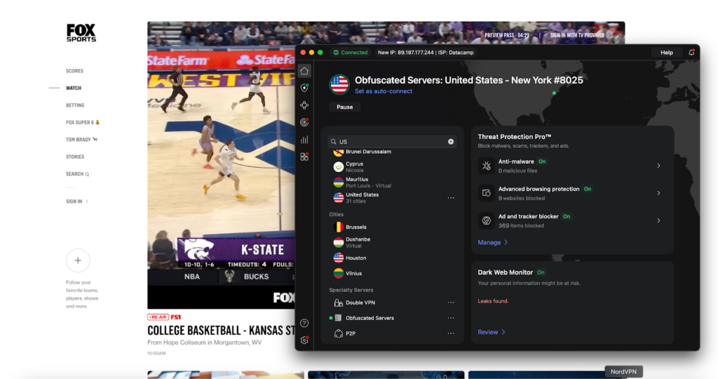 NordVPN unblocking Fox Sports basketball streams