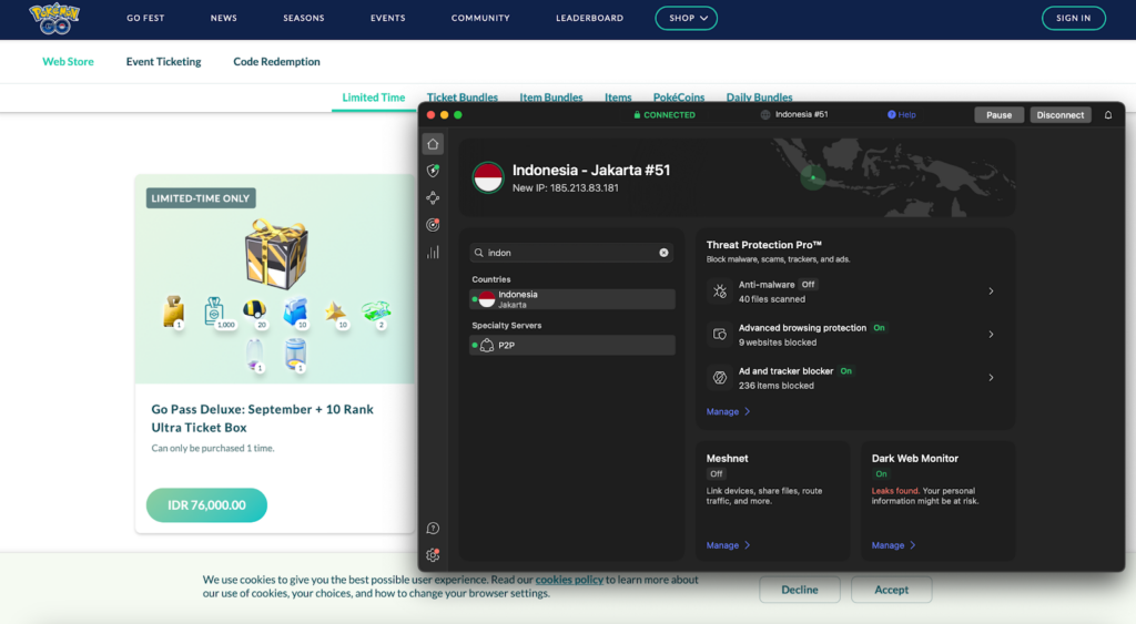 Viewing cheaper PokéCoin bundles using NordVPN