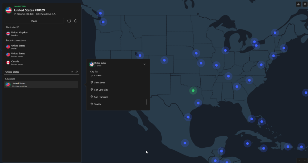 NordVPN connected to a server in a FanDuel-legal state