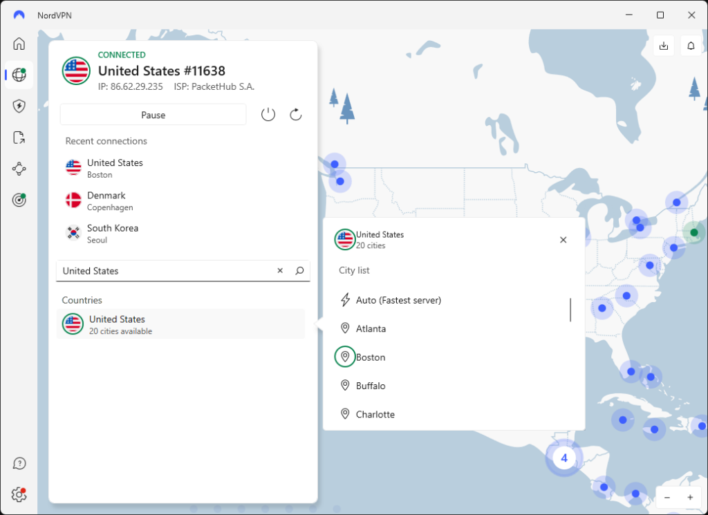 NordVPN interface with US servers selection