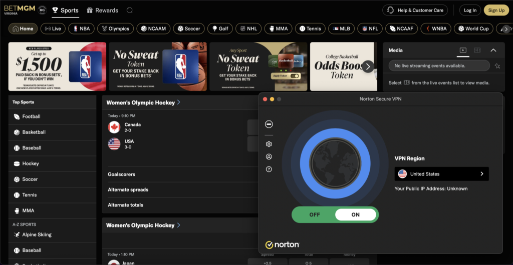 BetMGM accessed with Norton VPN