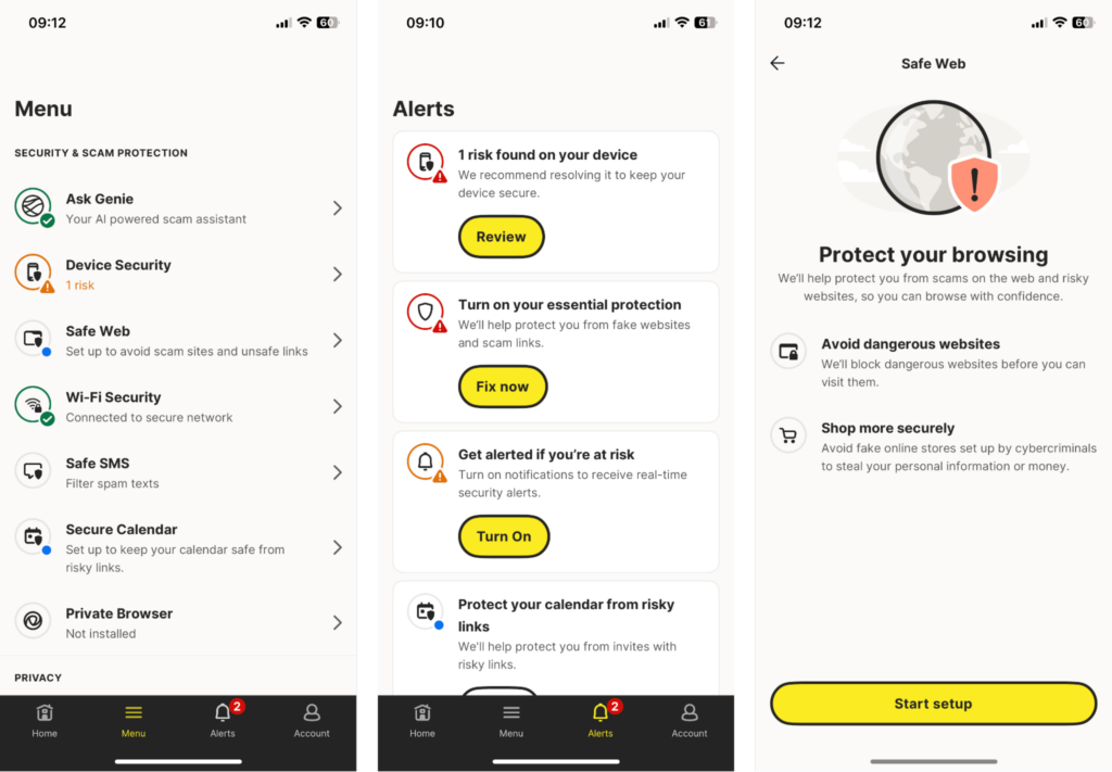 Norton's dashboard and safe web feature for iPhone