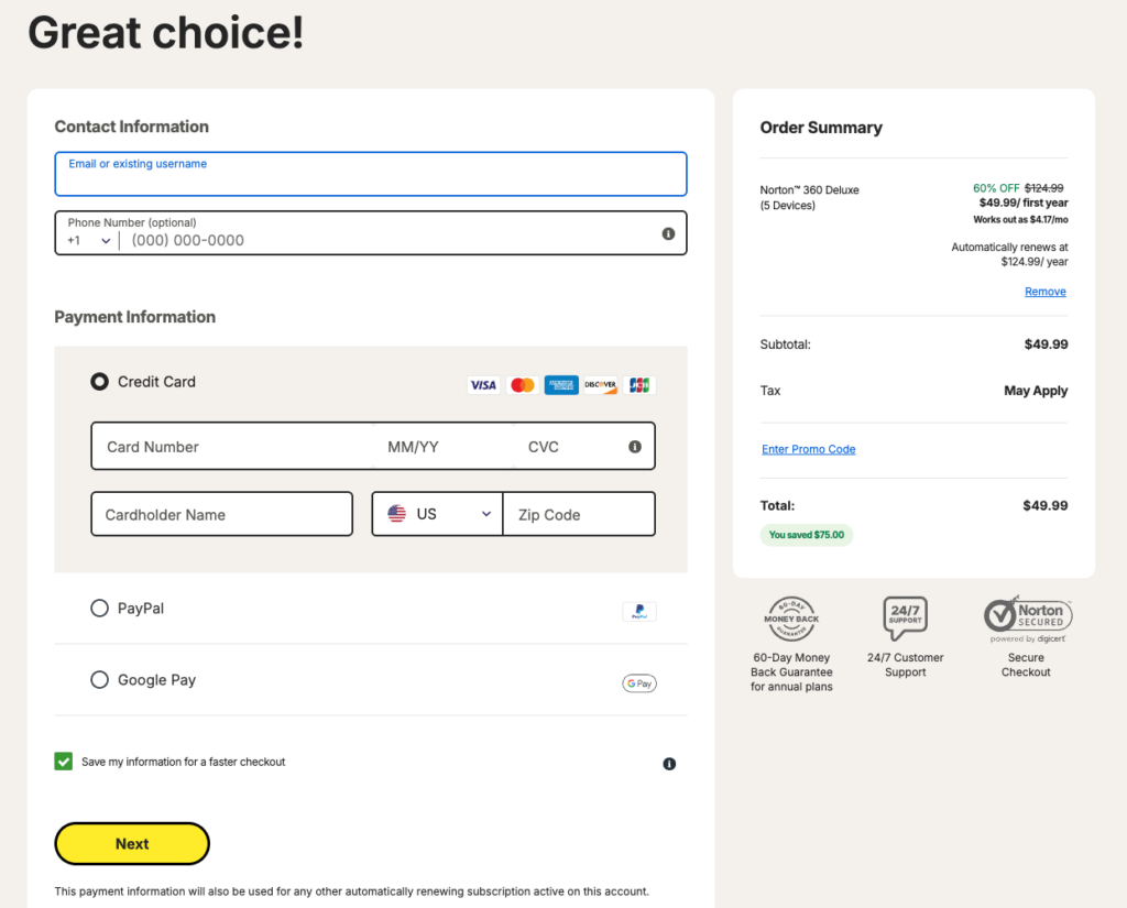 Norton AV checkout page