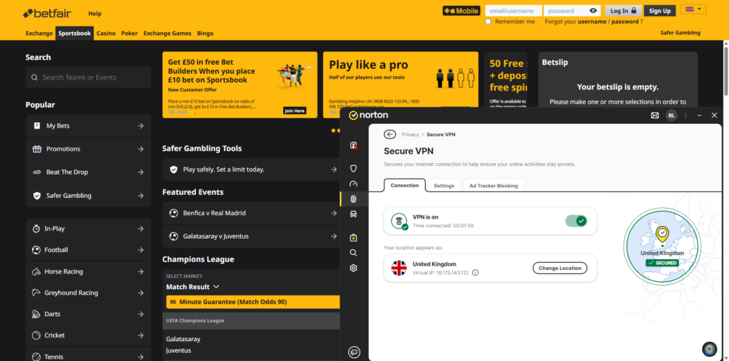 Betfair unblocked with Norton VPN UK servers
