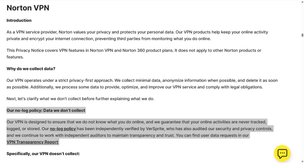 Norton VPN's no-logs policy