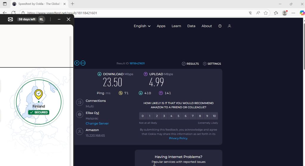 Norton VPN speed results