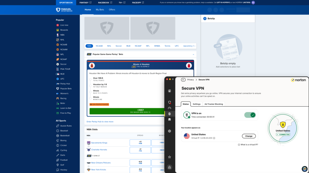 Norton VPN is connected to a US server and the FanDuel app is open and accessible