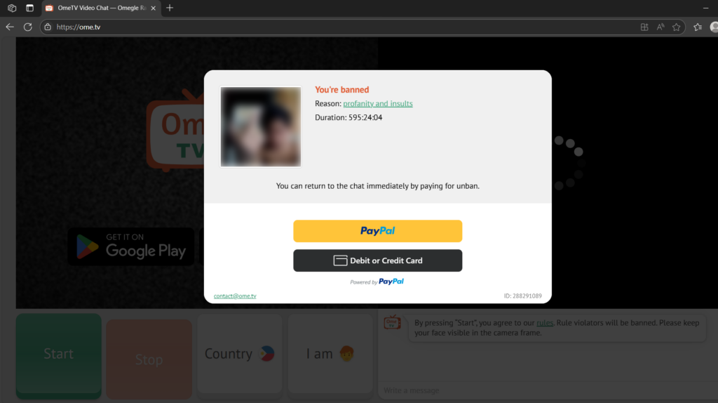 OmeTV's banned error message
