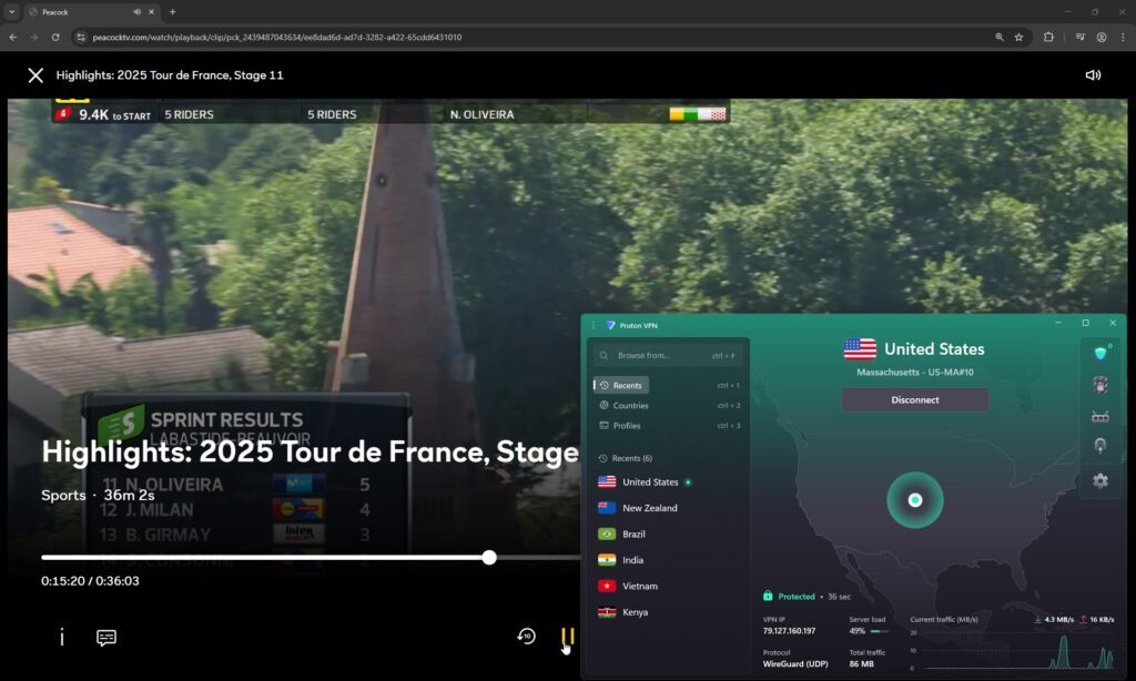 Peacock TV accessed outside the US with Proton VPN