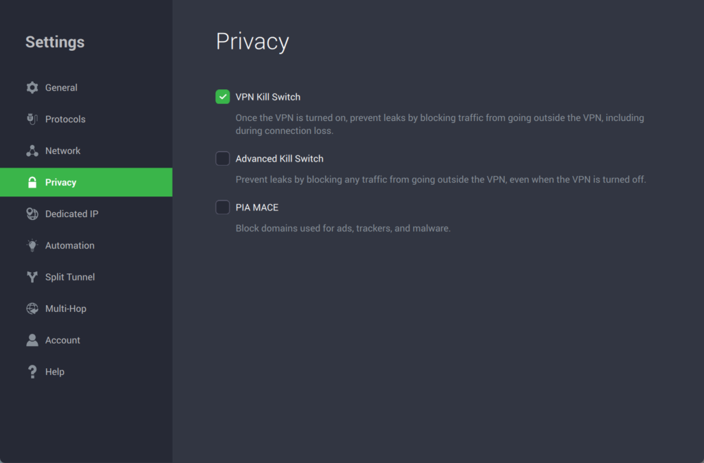 Enabling the kill switch in PIA's settings