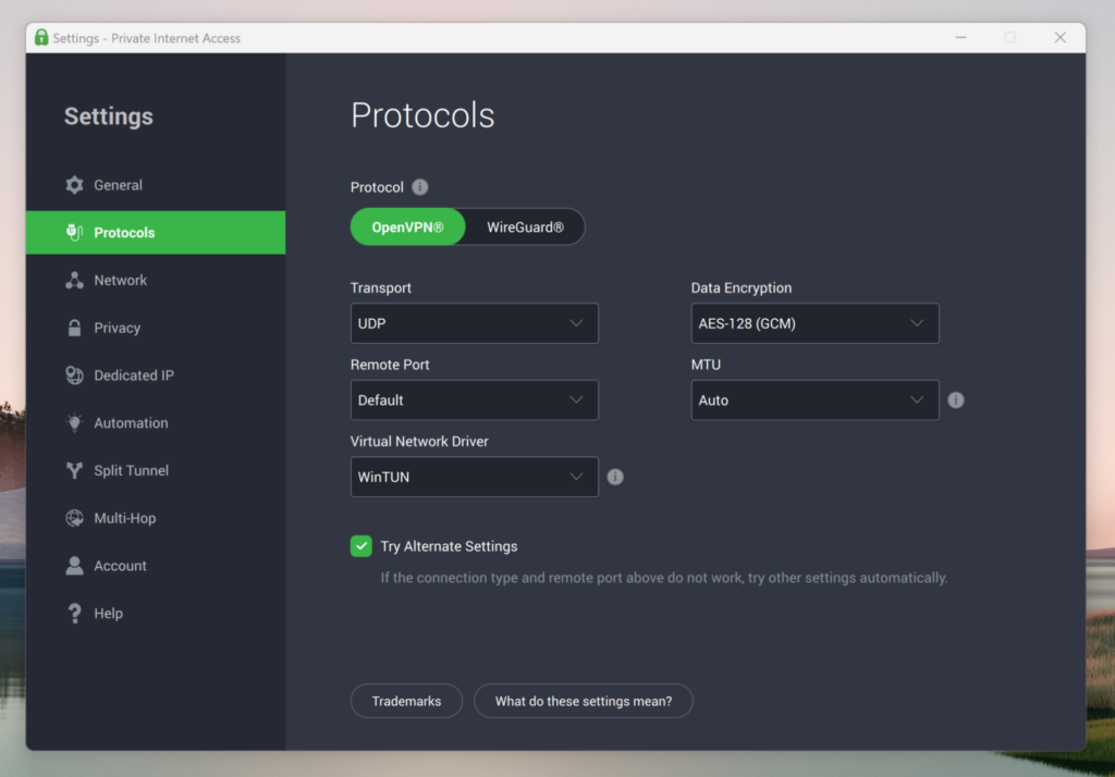 PIA OpenVPN protocol selection in app