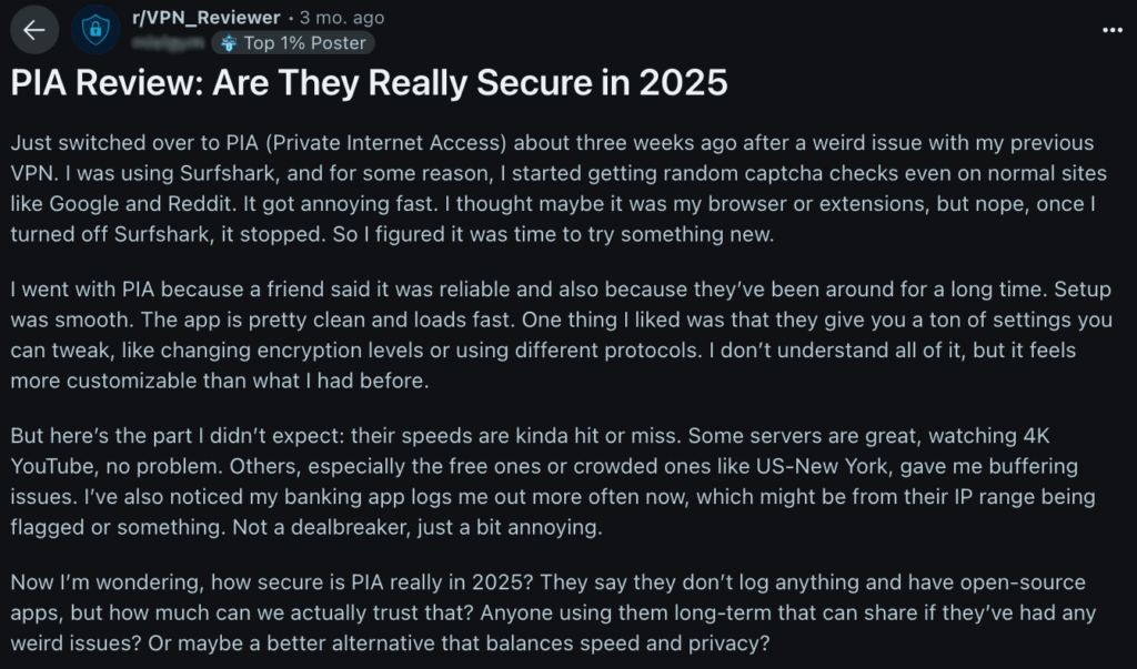 User feedback on PIA taken from Reddit