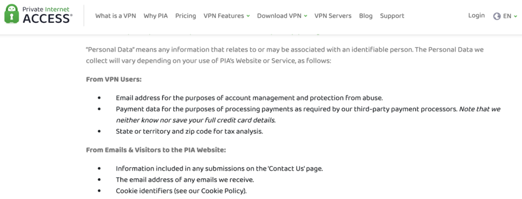 The information that PIA VPN collects according to its privacy policy
