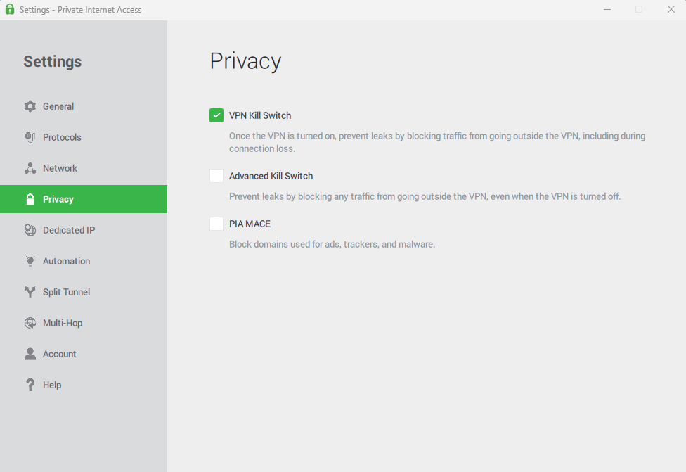PIA VPN's privacy settings