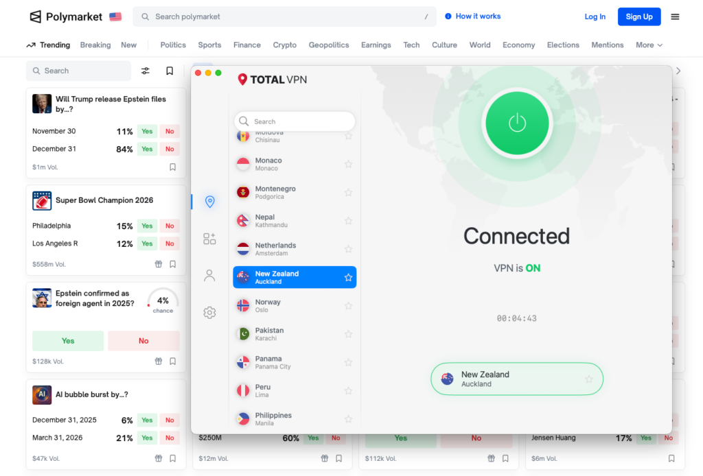 Polymarket unblocked with TotalVPN on a New Zealand server
