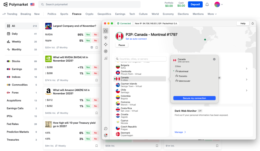 Unbocking Polymarket using NordVPN's server in Canada
