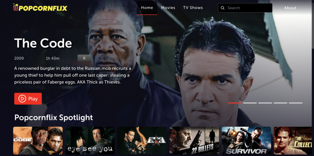 Screenshot of the Popcornflix homepage