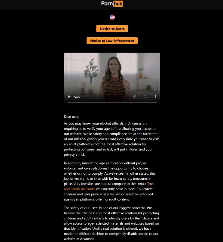 Pornhub is blocked in several US states