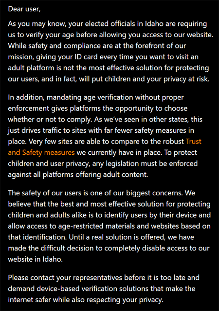 PornHub's message to residents of Idaho