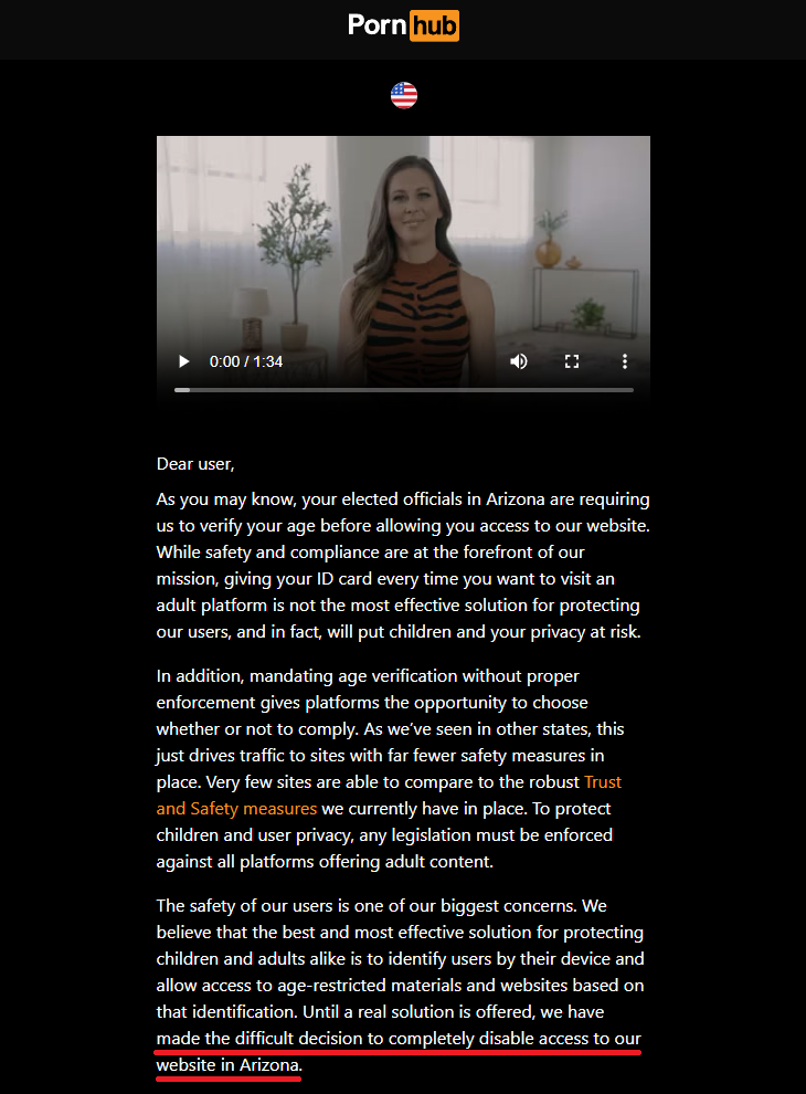 PornHub is blocked in Arizona