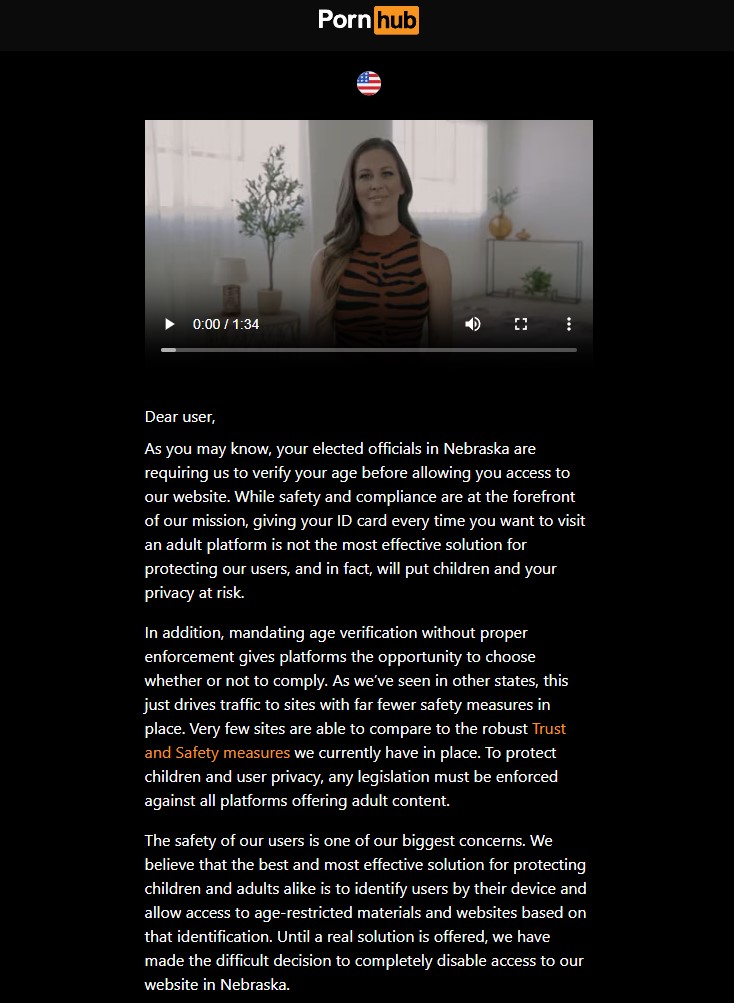 PornHub is blocked in Nebraska US