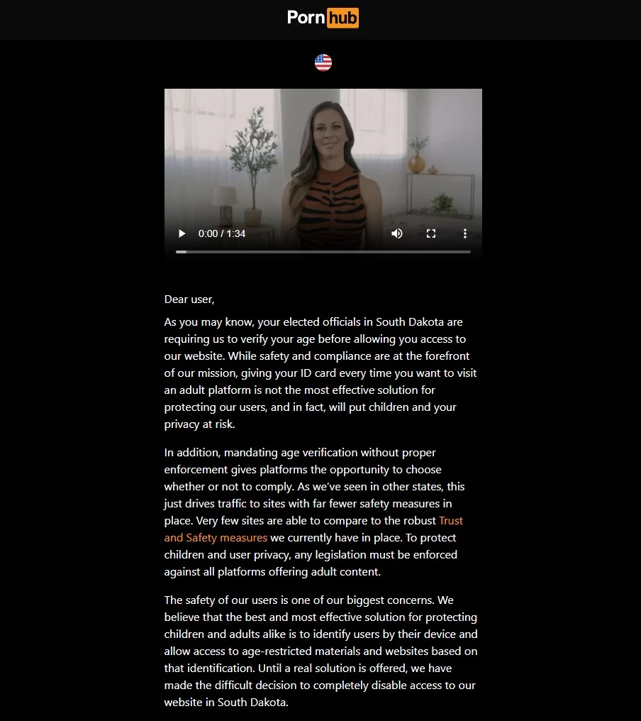 PornHub is blocked in South Dakota because of porn ban law
