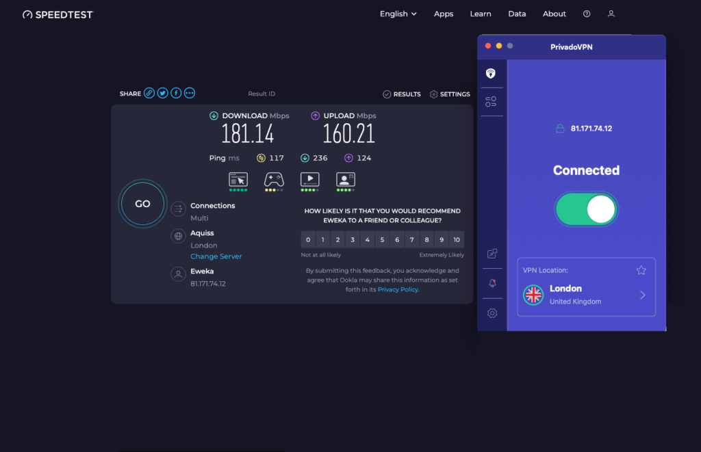 PrivadoVPN speed test UK server PrivadoVPN speed test UK server