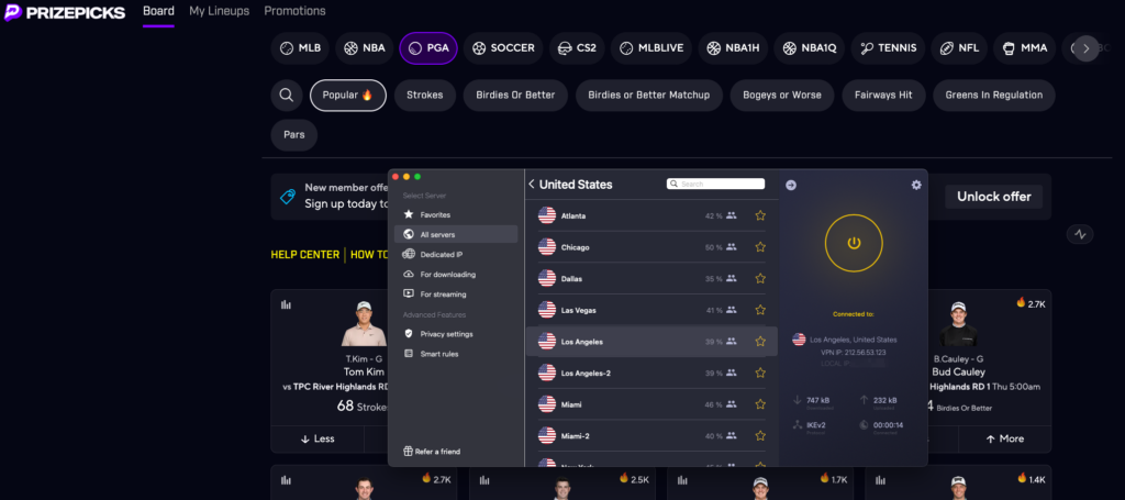 PrizePicks unblocked with CyberGhost California server