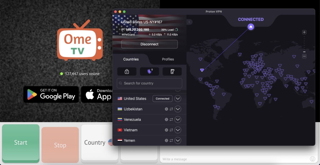 Using OmeTV with Proton VPN enabled