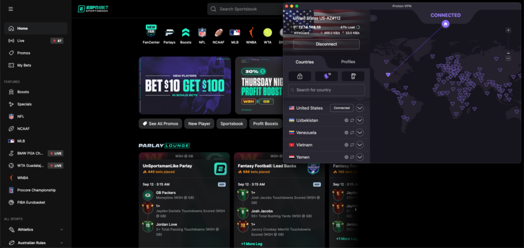 ESPN BET unblocked with Proton VPN