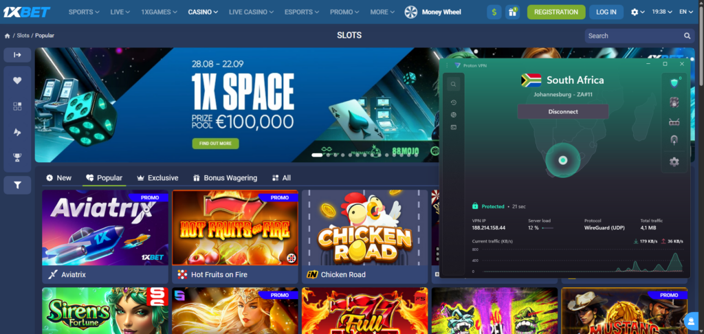 Using Proton VPN’s South African server to bypass geo-blocks and access 1XBET