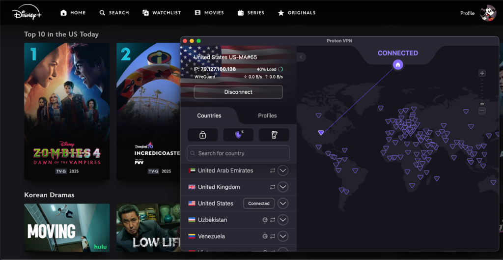 Proton VPN accesses Disney+ via US server