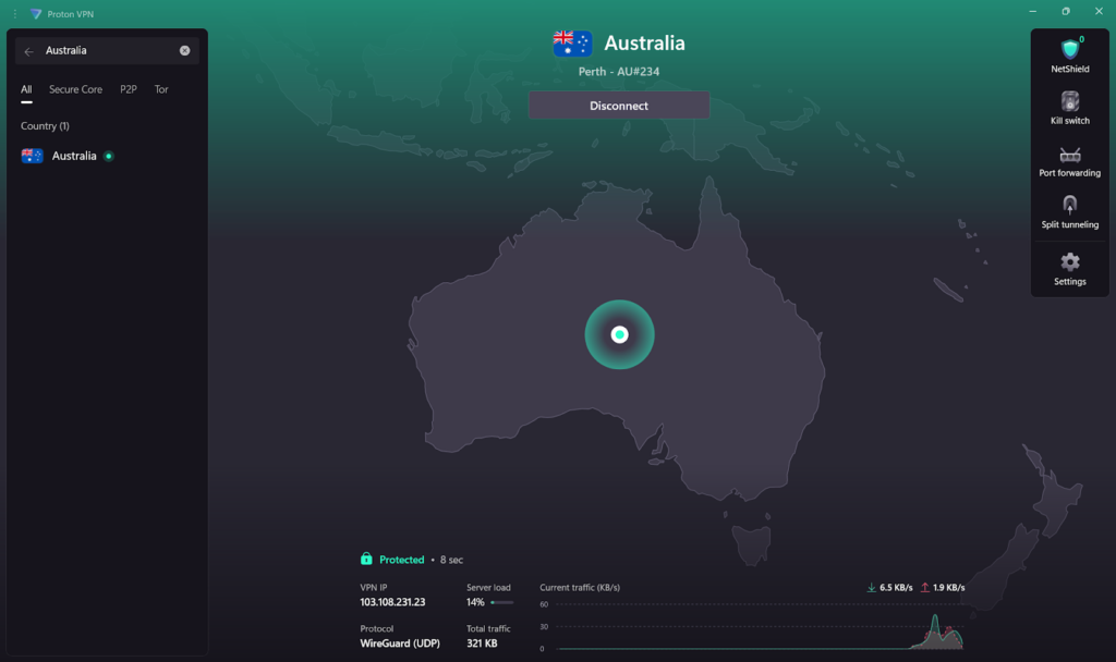 Proton VPN connected to an Australian VPN server to watch Australian Survivor