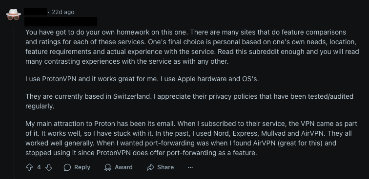 Proton VPN review on Reddit