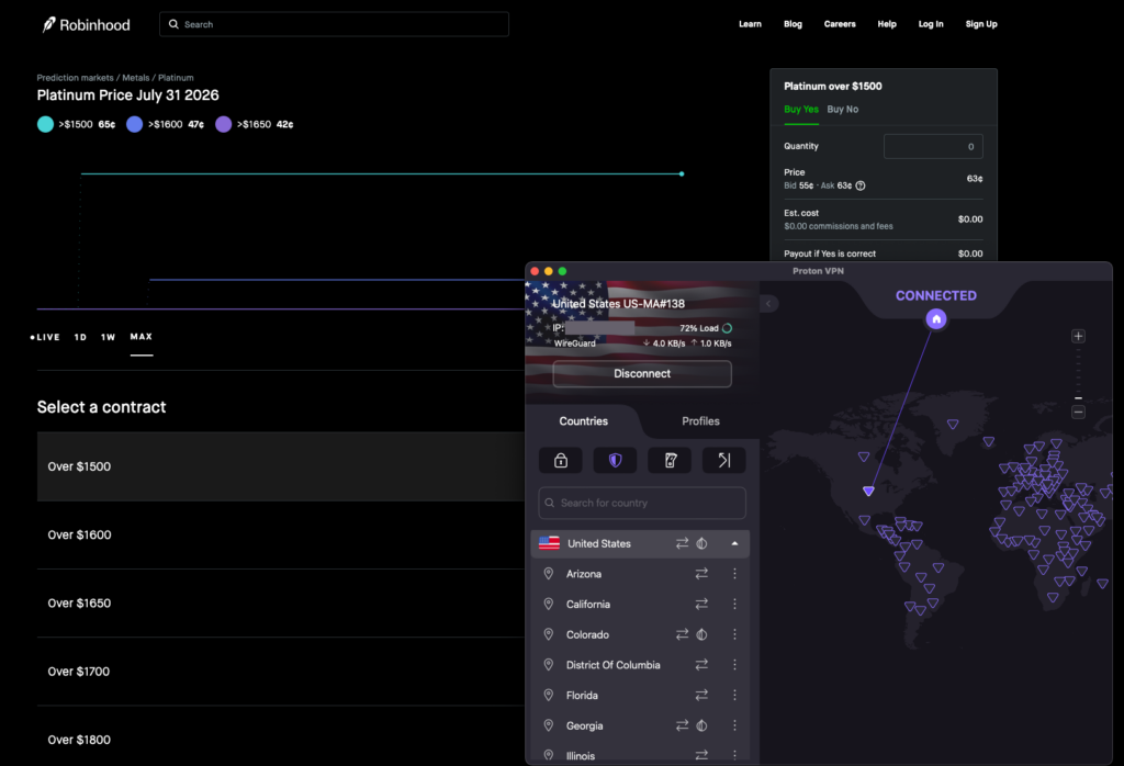 Proton VPN unblocked Robinhood while connected to a US server
