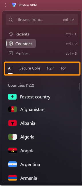 Proton VPN's specialty server list
