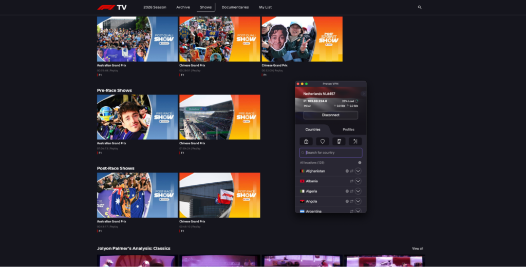 Streaming F1 TV Pro in Japan using Proton VPN