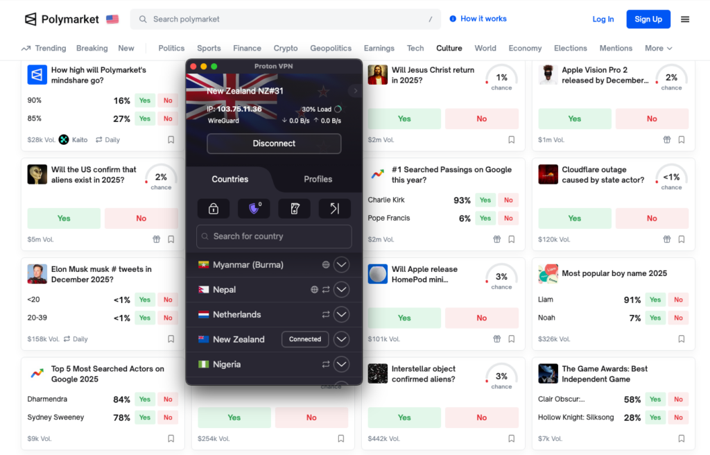 Unblocking Polymarket using Proton VPN
