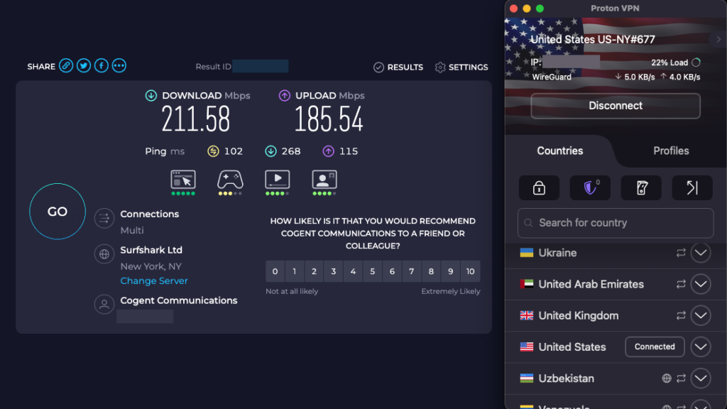 Proton VPN speed test and US server connection