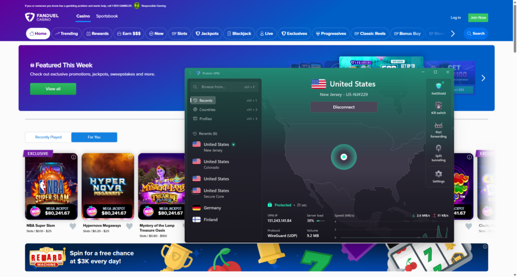 Proton VPN is the best free VPN for FanDuel Sportsbook in restricted states