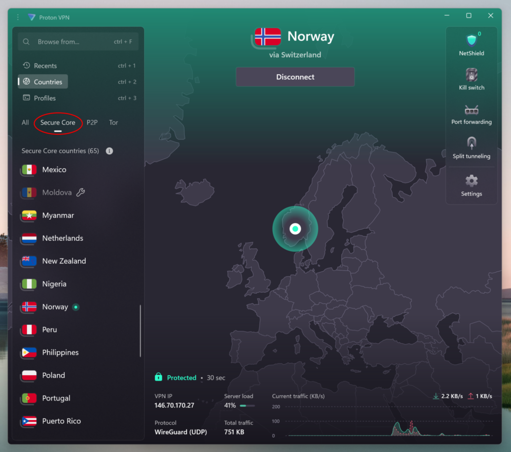 Proton VPN Secure Core mode and countries list