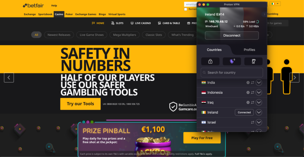 Using Proton VPN's Irish VPN server to unblock Betfair