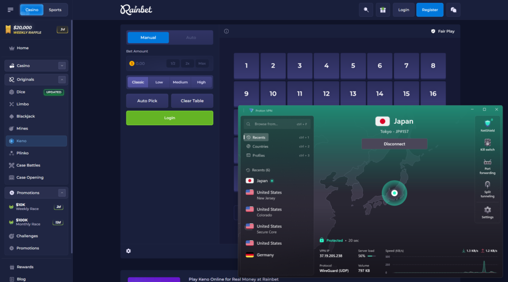 Rainbet casino accessed with ProtonVPN via Japan server