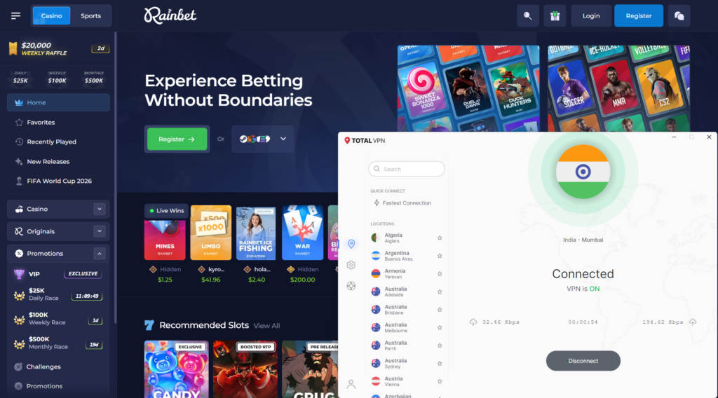 Accessing Rainbet with TotalVPN on an Indian VPN server