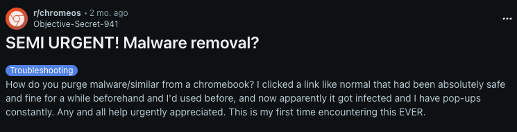 Reddit user asking how to remove malware from a Chromebook