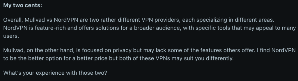 Reddit user compares Mullvad VPN and NordVPN