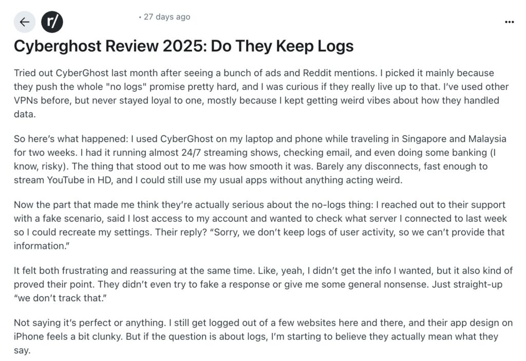 Redditor confirms CyberGhost's no-logs policy